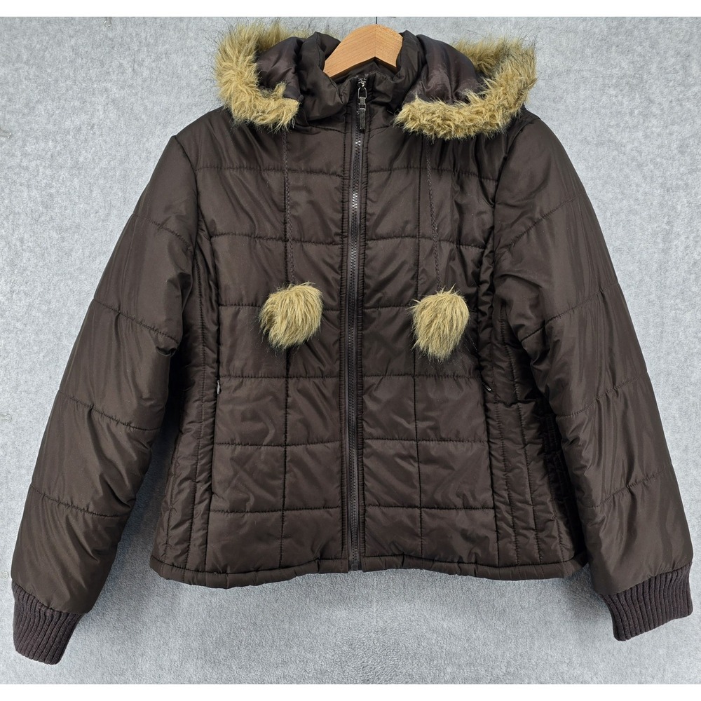 Vtg Jennyfer J Womens‎ L Puffer Jacket Brown Hooded Faux Fur Coat Y2K 90s